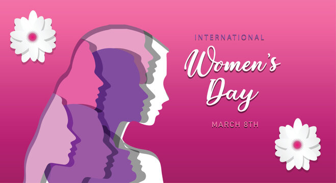 Women's Day poster with silhouettes of multicultural women's faces in 3D style paper cut vector illustration. 