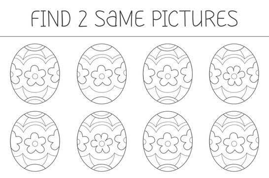 Find two some pictures is an educational game for kids with easter egg. Cute easter egg coloring book. Vector illustration.