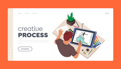 Creative Process Landing Page Template. Graphic Designer Male Character With Stylus Drawing on Tablet at Workplace