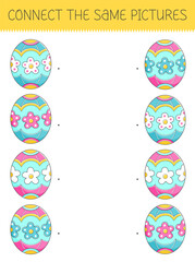 Connect the same pictures game with a cute cartoon easter egg. Children's game with easter egg. Vector illustration.