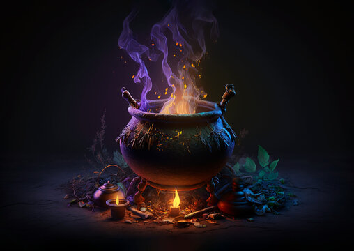 Witch cauldron in a dark room, purple smoke. Generative AI.