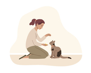 Girl treats a cat. Owner wants to pet the kitten. Vector illustration.
