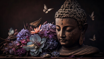 Buddha face surrounded with flowers. Generative AI