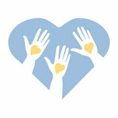 National month of volunteering April, icon, icon of volunteer hand with heart. Concept of volunteering and Ukraine
