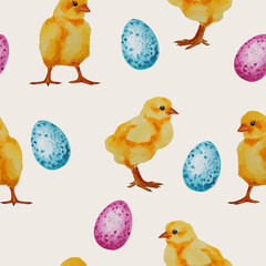 Watercolor Easter cute chicken and colorful eggs seamless pattern.
