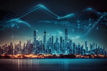 Smart city and big data connection technology concept digital blue wave wireless data transmission.Night city image.Created with AI.