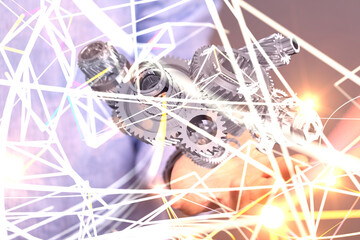 gear system data. Connecting lines and dots.Big data visualization  - 3D digital