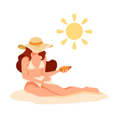 Woman Character on Beach Sunbathing Wearing Swimsuit and Applying Sunscreen Vector Illustration