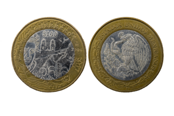 Moneda Heráldica de 100 pesos Mexicanos del Estado de Guerrero 2006, Anverso Escudo Nacional, Reverso: silueta de Taxco, clavadista, flor de nochebuena y mascara de ocelote.