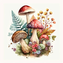 AI Generative Watercolor Illustration of Mushrooms