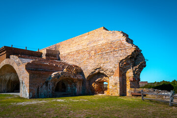 Fort Pickens Historic Arches, landmark ruins of red brick structures for sightseeing and tourist destination in Pensacola, Florida, USA