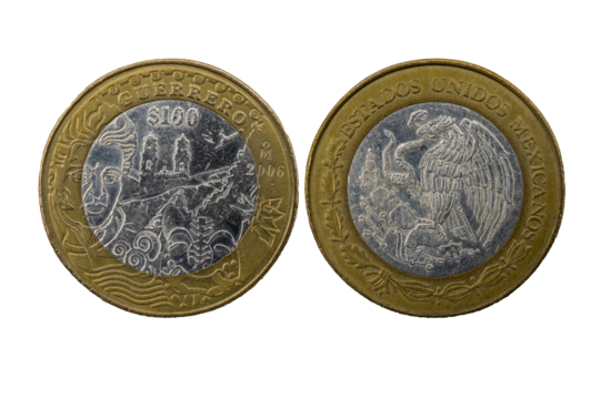 Moneda Heráldica de 100 pesos Mexicanos del Estado de Guerrero 2006, Anverso Escudo Nacional, Reverso: silueta de Taxco, clavadista, flor de nochebuena y mascara de ocelote.