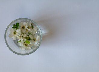 White cherry tree blossom seen floating in a glass of water.