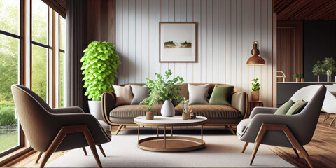 Interior of modern living room with armchair and coffee