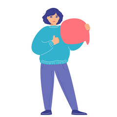Girl hold speech bubble and show thumb up super hand sign. Review rating customer choice and feedback. Business satisfaction support. Advertising, communication concept. Vector illustration.