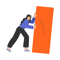 Woman Character Pushing Big Orange Rectangle Shape Vector Illustration