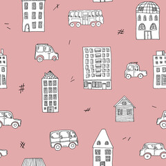 Retro style buildings, houses and cars - hand drawn  city street seamless pattern on dark pink background