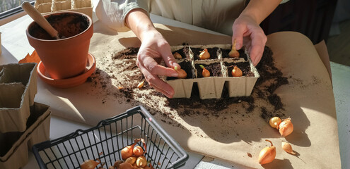 Garden,gardening home. Girl replanting green pasture in home garden.agriculture,indoor garden,room with plants banner Potted green plants at home, home jungle,Garden room gardening, Plant room