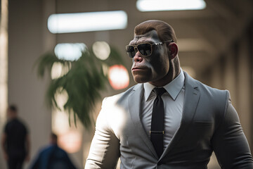 Gorilla in a business suit and black glasses in the office. Funny animals illustration. Generative AI
