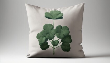  a pillow with a green plant on it's back and leaves on the front of the pillow, on a gray background, with a white background.  generative ai