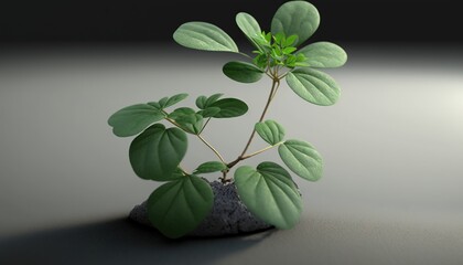  a plant with green leaves growing out of a rock on a gray surface with a spotlight from the side of the picture on the right side of the image.  generative ai