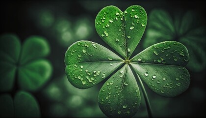  a four leaf clover with water droplets on it's leaves in the foreground, and a green background with leaves in the foreground.  generative ai