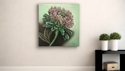  a painting of a pink flower on a green background on a wall next to a black shelf with a white vase and two white vases.  generative ai