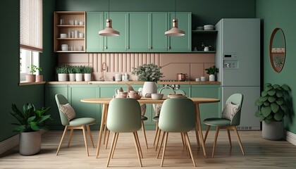 Luxurious, modern contemporary green wall kitchen room with dining table, minimalistic design. Generative AI Digital Illustration. - obrazy, fototapety, plakaty
