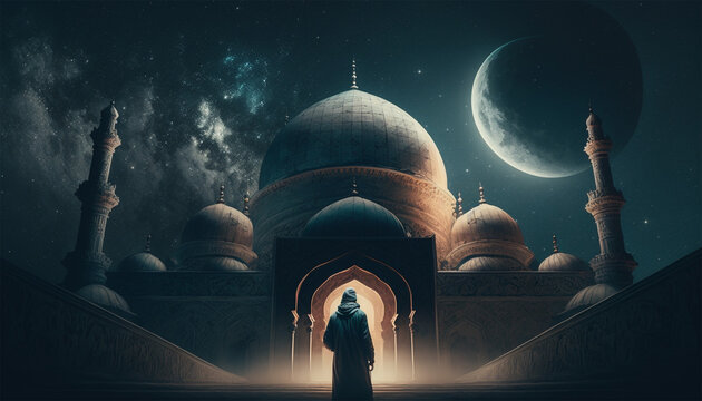 muslim old man praying on a mosque with starry and crescent moon moon night. Generative AI