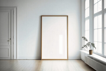 Minimalist room, large blank frame, light wood frame, white elegant style inside studio, white walls, overexposed - created with AI