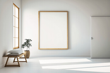 Obraz na płótnie Canvas Minimalist room, large blank frame, light wood frame, white elegant style inside studio, white walls, overexposed - created with AI
