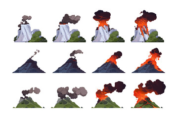 Volcano eruption. Cartoon volcanic mountain with different stages of explosion, flow magma, fire and smoke, crater with lava, ash and gases. Vector flat set
