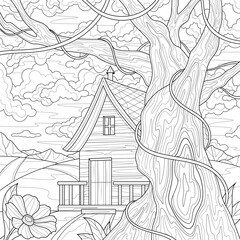 House near the tree.Coloring book antistress for children and adults. Illustration isolated on white background.Zen-tangle style. Hand draw