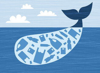 Save the oceans poster.
Illustration of the silhouette of the whale with plastic garbage inside, floating in the ocean