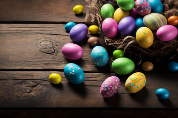 Fototapeta na wymiar Celebrate Easter with many eggs in different colors and different paintings in a beautiful nest , generated by IA
