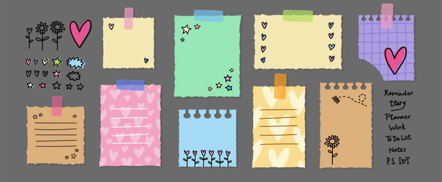 Stationary memo note pads stickers isolated on dark background vector bundle. Colorful notebook pages with doodle style decor elements and scotch tapes. Planner, to do list, reminder headers set.