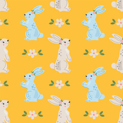 Seamless repeated surface pattern design with cute little bunnies and flowers. Festive spring background in Scandinavian hand drawn style. Baby or kids product design, fabric, wallpaper, clothing.