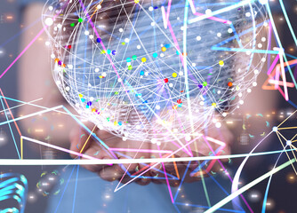 abstract lines with dots over dark background.