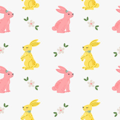 Seamless repeated surface pattern design with cute little bunnies and flowers. Festive spring background in Scandinavian hand drawn style. Baby or kids product design, fabric, wallpaper, clothing.
