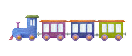 Watercolor illustration of a set of kid wooden train isolated on white background. Nursery, Kids Room Decor. Eco-friendly materials Child Toys. Print, poster, background, decor, wallpaper, wrapping.