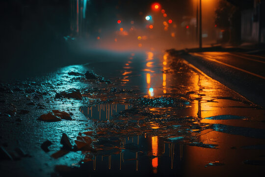 Wet asphalt of the night city, fog, light. Illustrations Generative AI © olegganko