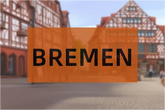 Bremen: Der Name der deutschen Stadt Bremen im Bundesland Bremen vor einem Hintergrundbild