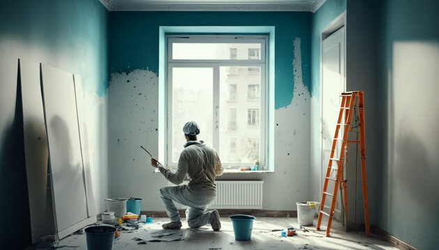 Man makes repairs in new apartment. Male paints walls with spray gun. Generative AI. High quality photo