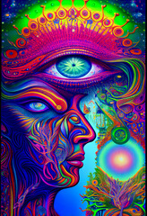 Naklejka premium Generative AI psychedelic render of a human face