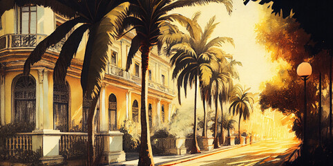 Generative AI painting of old town with palm trees. Travel and toursim concept