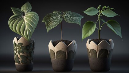  a group of three plant pots with plants in them and a plant in the middle of the pots with leaves growing out of them, on a dark background.  generative ai
