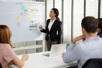 businesspeople team meeting or seminar. and presentation about work project on whiteboard