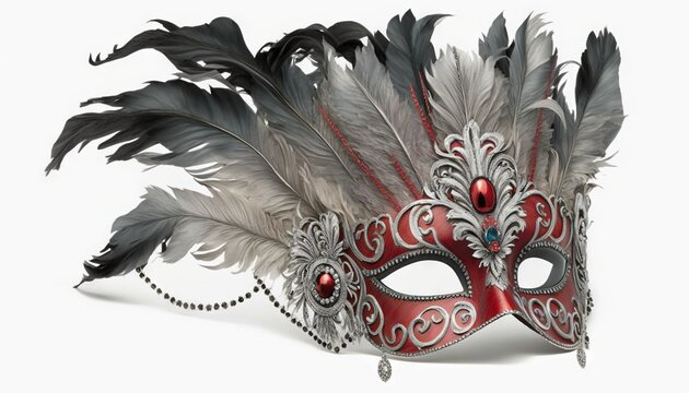  A Mask With Feathers On A White Background With A Red And Silver Mask On It's Side And A Chain Hanging From The Front Of The Mask.  Generative Ai