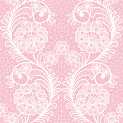 Seamless abstract lace floral background. White flowers on pink backgroung.