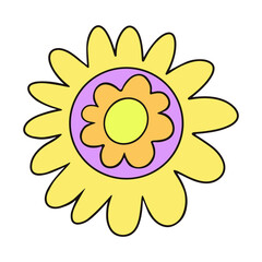 Illustration of funky vibrant flower retro style 70s. Cute retro yellow flower. Decorative primitive colorful flower